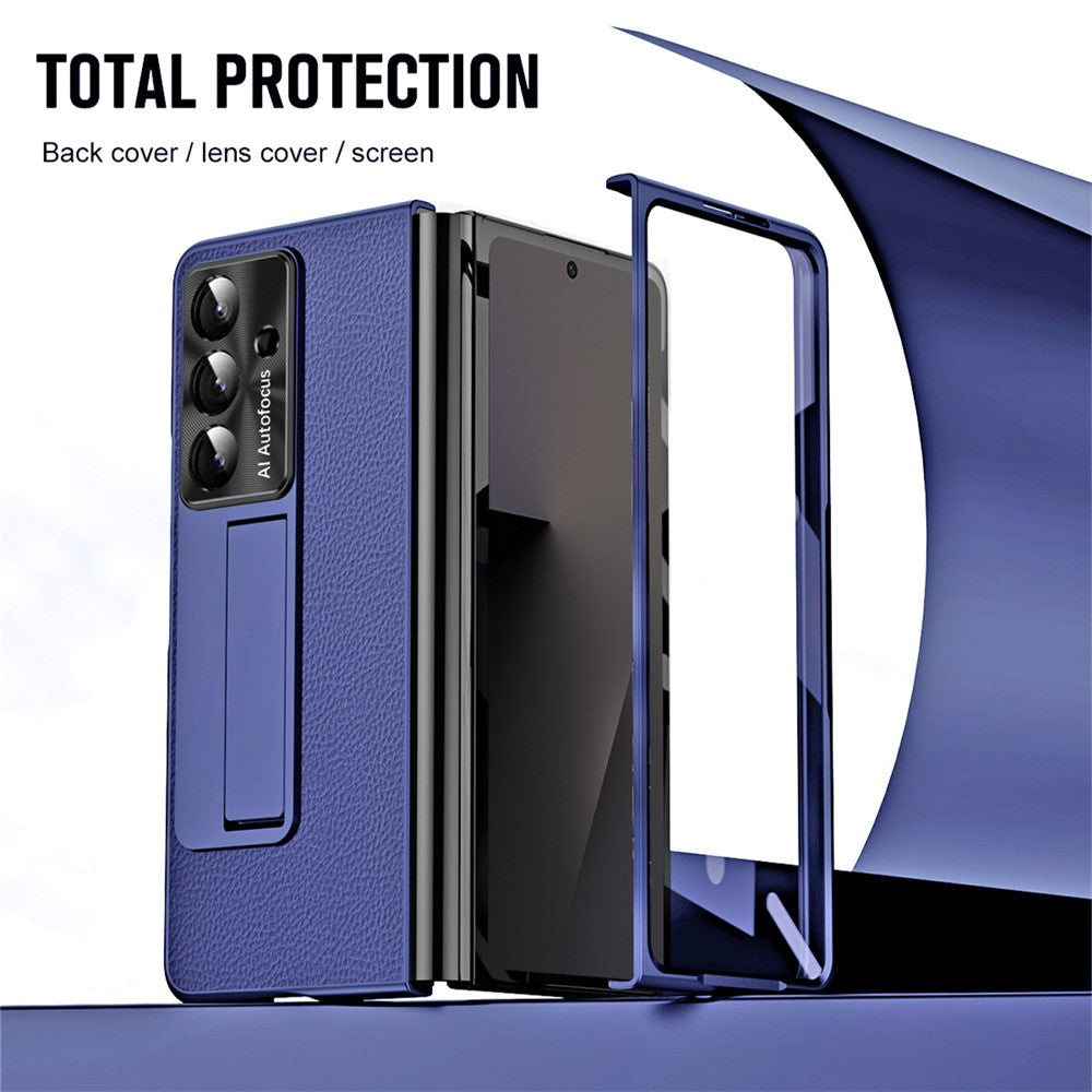 For Samsung Galaxy Z Fold7 5G Case Kickstand Leather + PC Phone Cover with Tempered Glass Film - Dark Blue