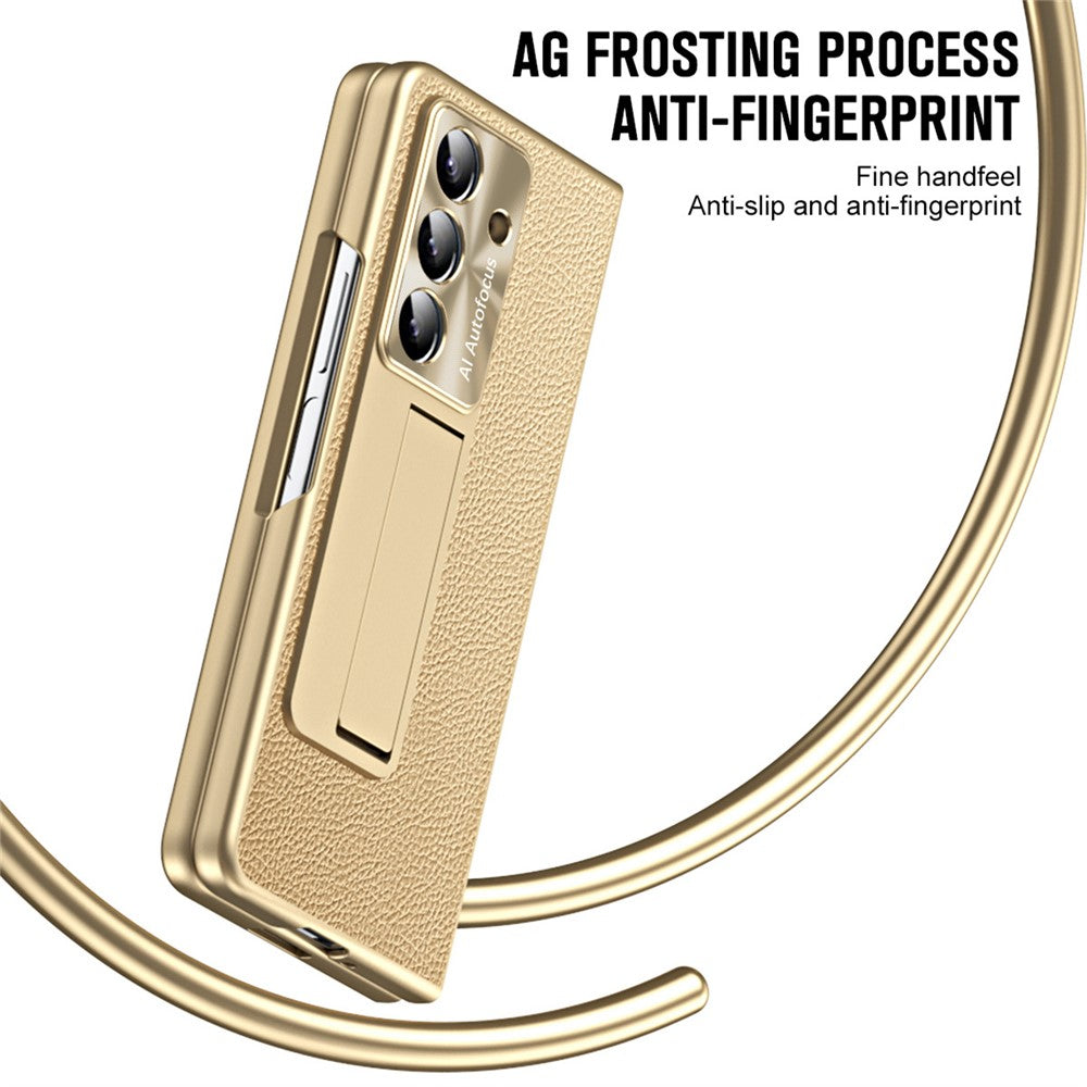 For Samsung Galaxy Z Fold7 5G Case Kickstand Leather + PC Phone Cover with Tempered Glass Film - Gold
