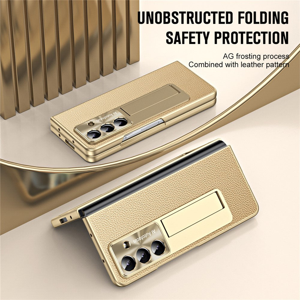 For Samsung Galaxy Z Fold7 5G Case Kickstand Leather + PC Phone Cover with Tempered Glass Film - Gold