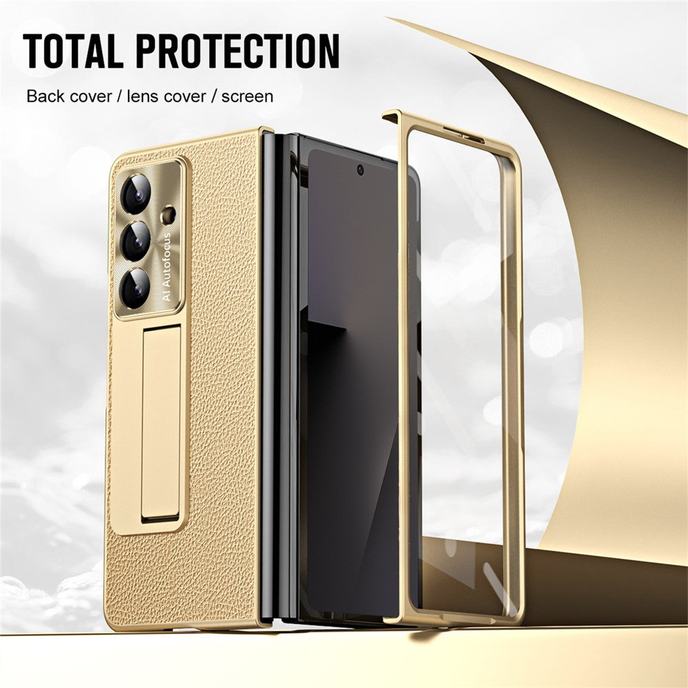 For Samsung Galaxy Z Fold7 5G Case Kickstand Leather + PC Phone Cover with Tempered Glass Film - Gold