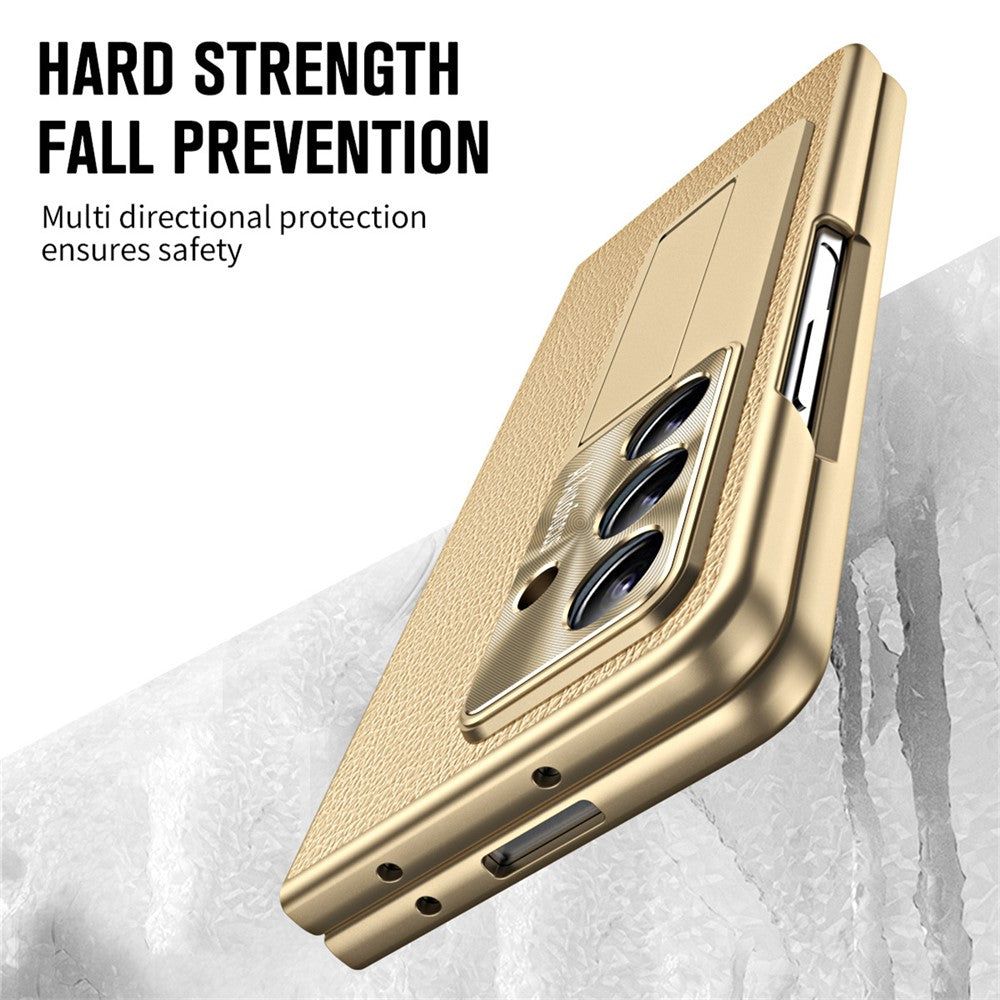 For Samsung Galaxy Z Fold7 5G Case Kickstand Leather + PC Phone Cover with Tempered Glass Film - Gold