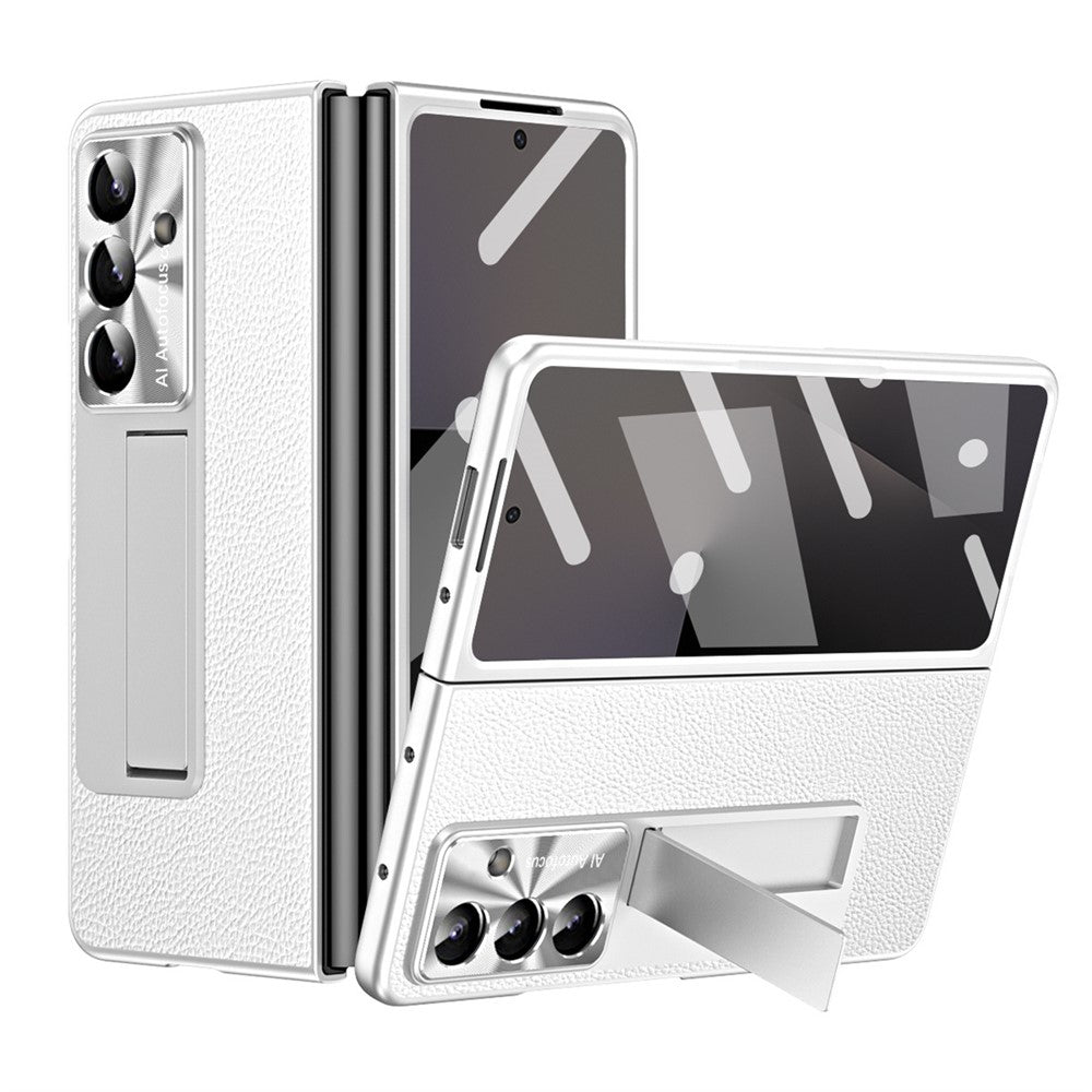 For Samsung Galaxy Z Fold7 5G Case Kickstand Leather + PC Phone Cover with Tempered Glass Film - Silver