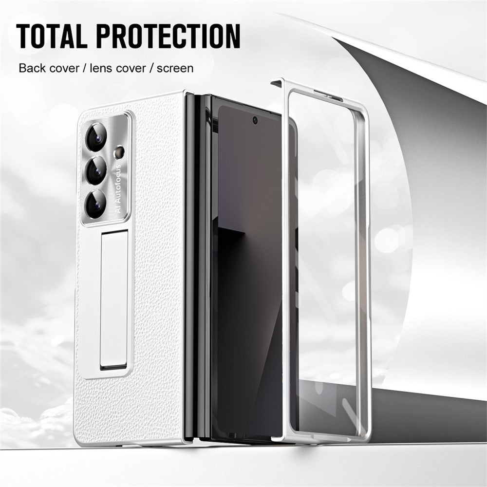 For Samsung Galaxy Z Fold7 5G Case Kickstand Leather + PC Phone Cover with Tempered Glass Film - Silver