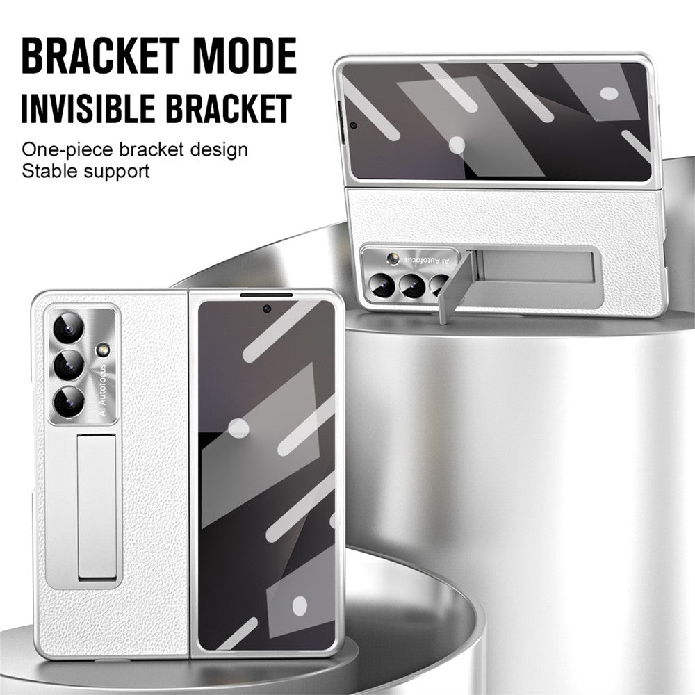 For Samsung Galaxy Z Fold7 5G Case Kickstand Leather + PC Phone Cover with Tempered Glass Film - Silver