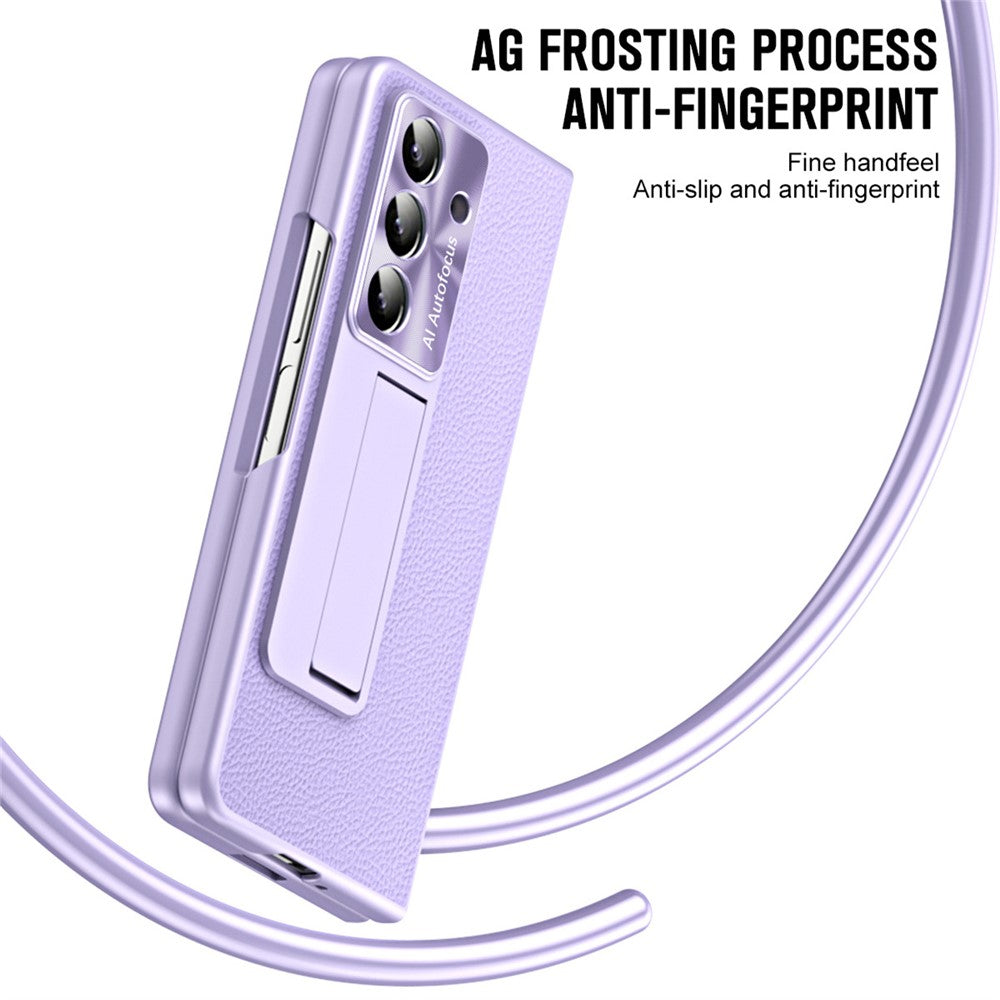 For Samsung Galaxy Z Fold7 5G Case Kickstand Leather + PC Phone Cover with Tempered Glass Film - Purple