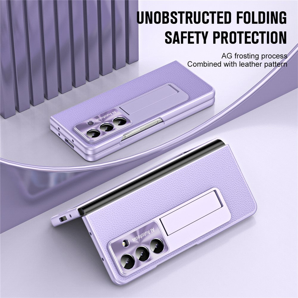 For Samsung Galaxy Z Fold7 5G Case Kickstand Leather + PC Phone Cover with Tempered Glass Film - Purple
