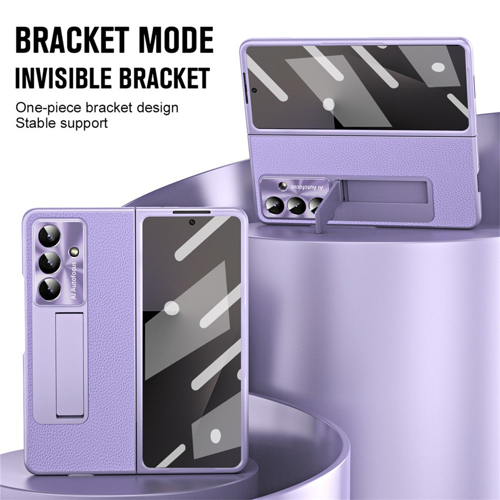 For Samsung Galaxy Z Fold7 5G Case Kickstand Leather + PC Phone Cover with Tempered Glass Film - Purple