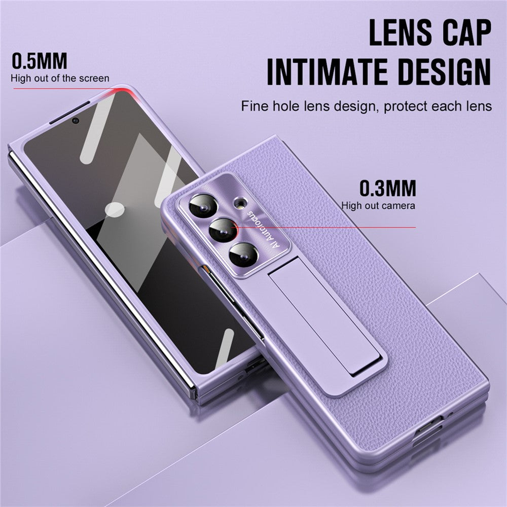 For Samsung Galaxy Z Fold7 5G Case Kickstand Leather + PC Phone Cover with Tempered Glass Film - Purple