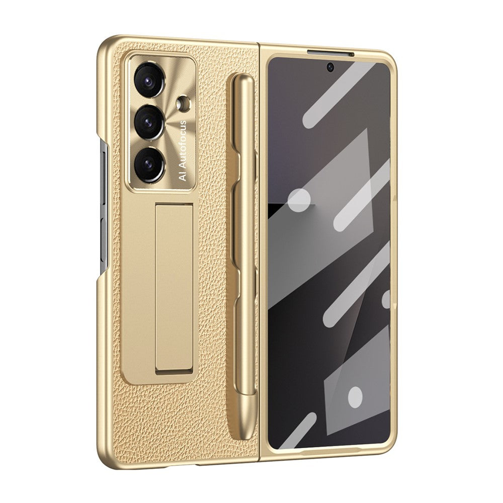 For Samsung Galaxy Z Fold7 5G Case Kickstand Leather + PC Hard Phone Cover with Screen Film and Stylus - Champagne Gold