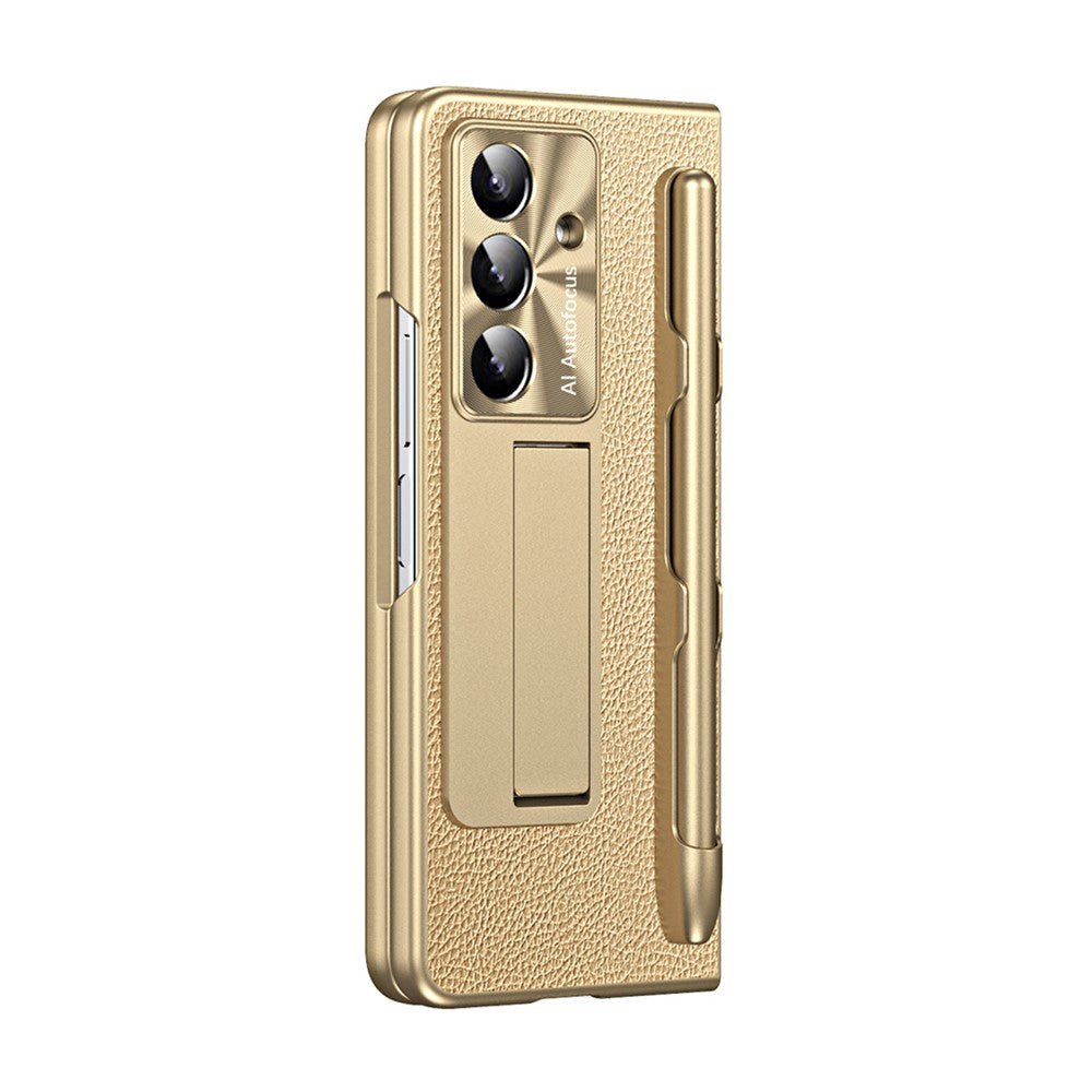 For Samsung Galaxy Z Fold7 5G Case Kickstand Leather + PC Hard Phone Cover with Screen Film and Stylus - Champagne Gold