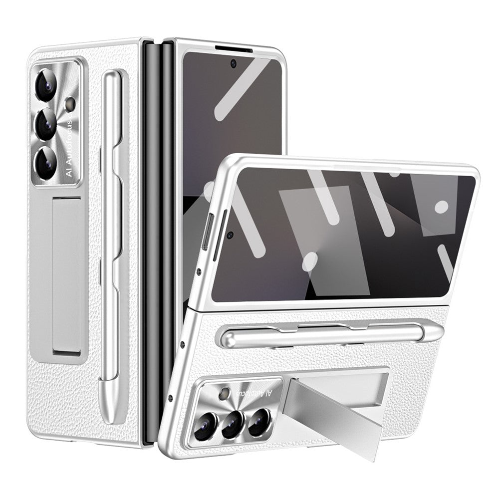 For Samsung Galaxy Z Fold7 5G Case Kickstand Leather + PC Hard Phone Cover with Screen Film and Stylus - Silver