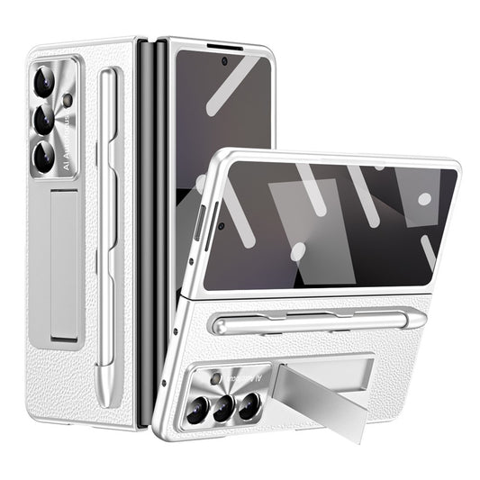 For Samsung Galaxy Z Fold7 5G Case Kickstand Leather + PC Hard Phone Cover with Screen Film and Stylus - Silver