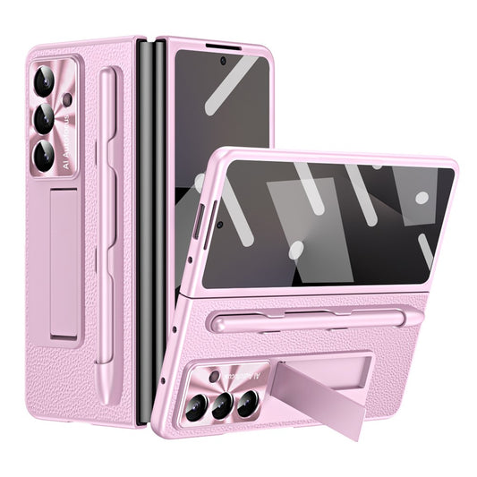For Samsung Galaxy Z Fold7 5G Case Kickstand Leather + PC Hard Phone Cover with Screen Film and Stylus - Pink