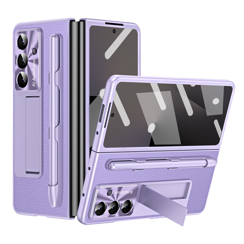 For Samsung Galaxy Z Fold7 5G Case Kickstand Leather + PC Hard Phone Cover with Screen Film and Stylus - Purple