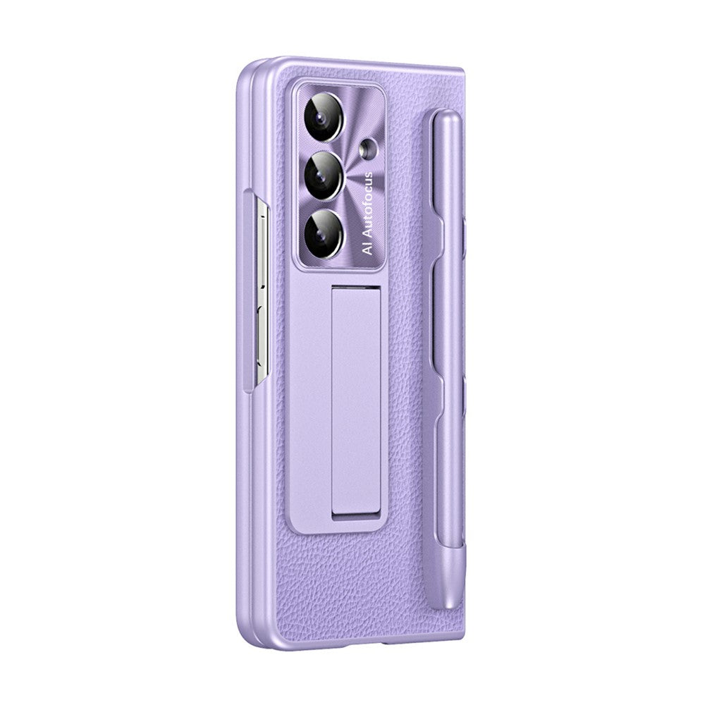 For Samsung Galaxy Z Fold7 5G Case Kickstand Leather + PC Hard Phone Cover with Screen Film and Stylus - Purple
