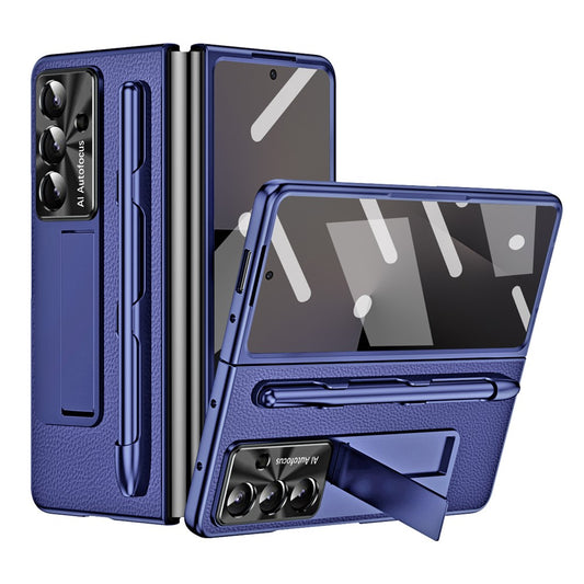 For Samsung Galaxy Z Fold7 5G Case Kickstand Leather + PC Hard Phone Cover with Screen Film and Stylus - Dark Blue