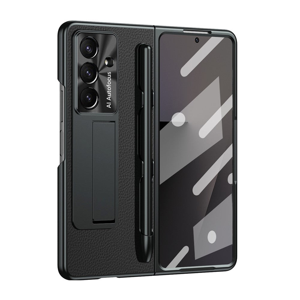 For Samsung Galaxy Z Fold7 5G Case Kickstand Leather + PC Hard Phone Cover with Screen Film and Stylus - Black