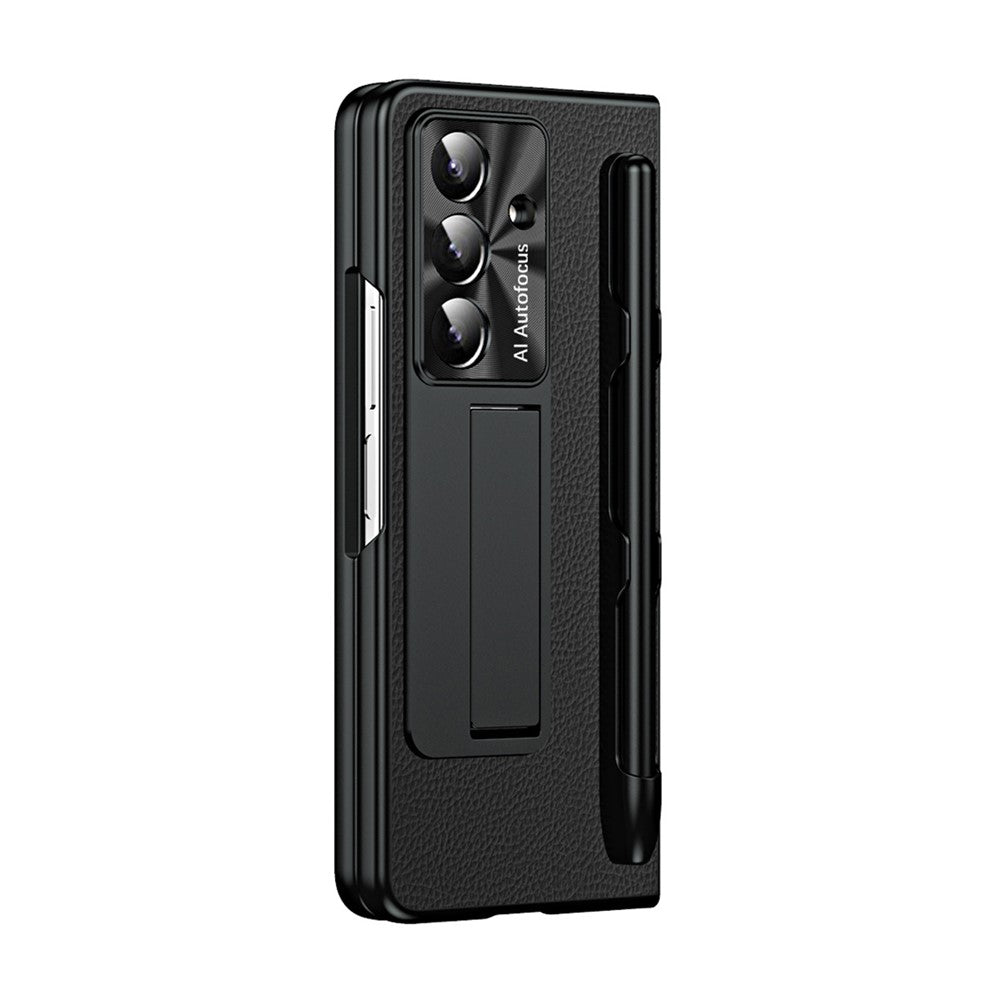 For Samsung Galaxy Z Fold7 5G Case Kickstand Leather + PC Hard Phone Cover with Screen Film and Stylus - Black