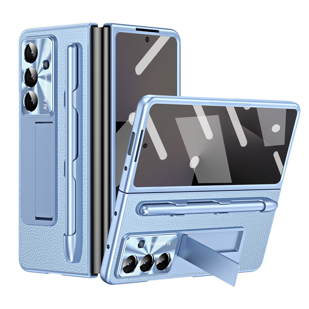 For Samsung Galaxy Z Fold7 5G Case Kickstand Leather + PC Hard Phone Cover with Screen Film and Stylus - Blue