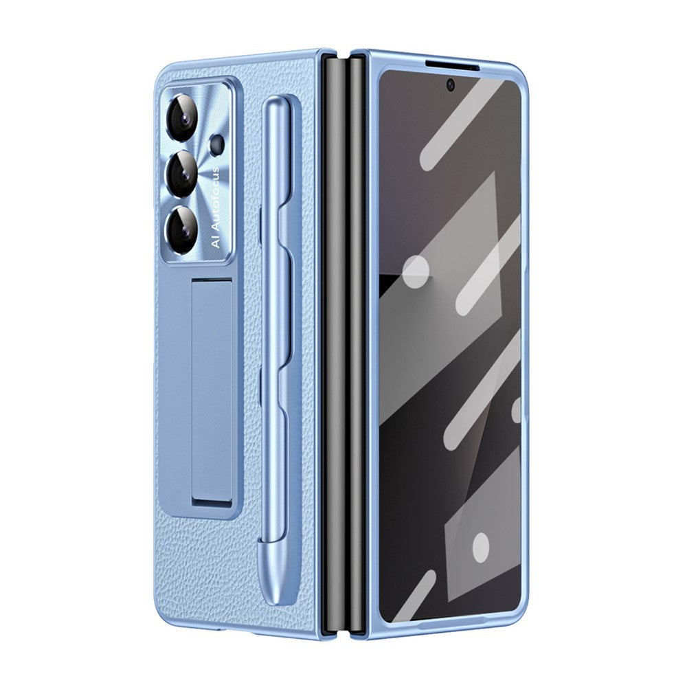 For Samsung Galaxy Z Fold7 5G Case Kickstand Leather + PC Hard Phone Cover with Screen Film and Stylus - Blue