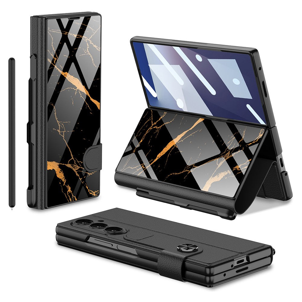 GKK For Samsung Galaxy Z Fold7 5G Case with Pencil Slot Hard PC + PU + Tempered Glass Phone Cover - Gold / Black