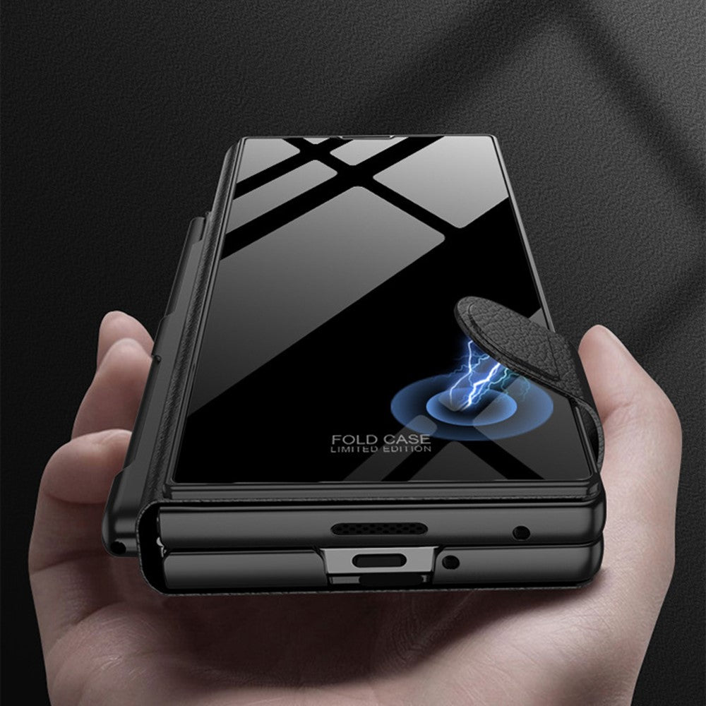 GKK For Samsung Galaxy Z Fold7 5G Case with Pencil Slot Hard PC + PU + Tempered Glass Phone Cover - Gold / Black