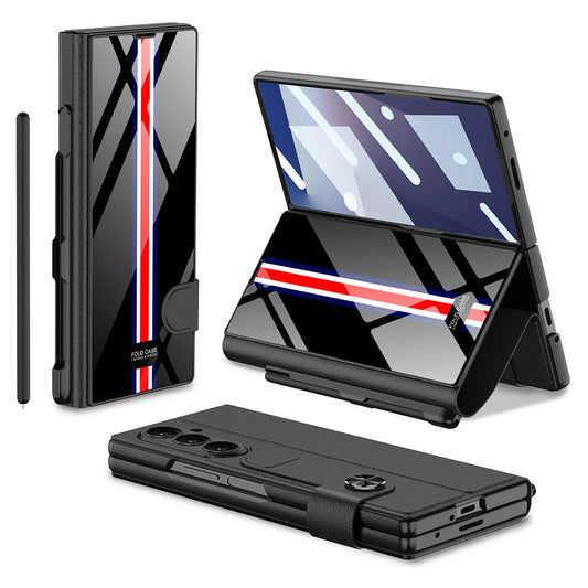 GKK For Samsung Galaxy Z Fold7 5G Case with Pencil Slot Hard PC + PU + Tempered Glass Phone Cover - Black+Stripes