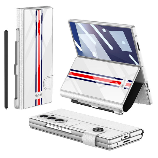 GKK For Samsung Galaxy Z Fold7 5G Case with Pencil Slot Hard PC + PU + Tempered Glass Phone Cover - White+Stripes