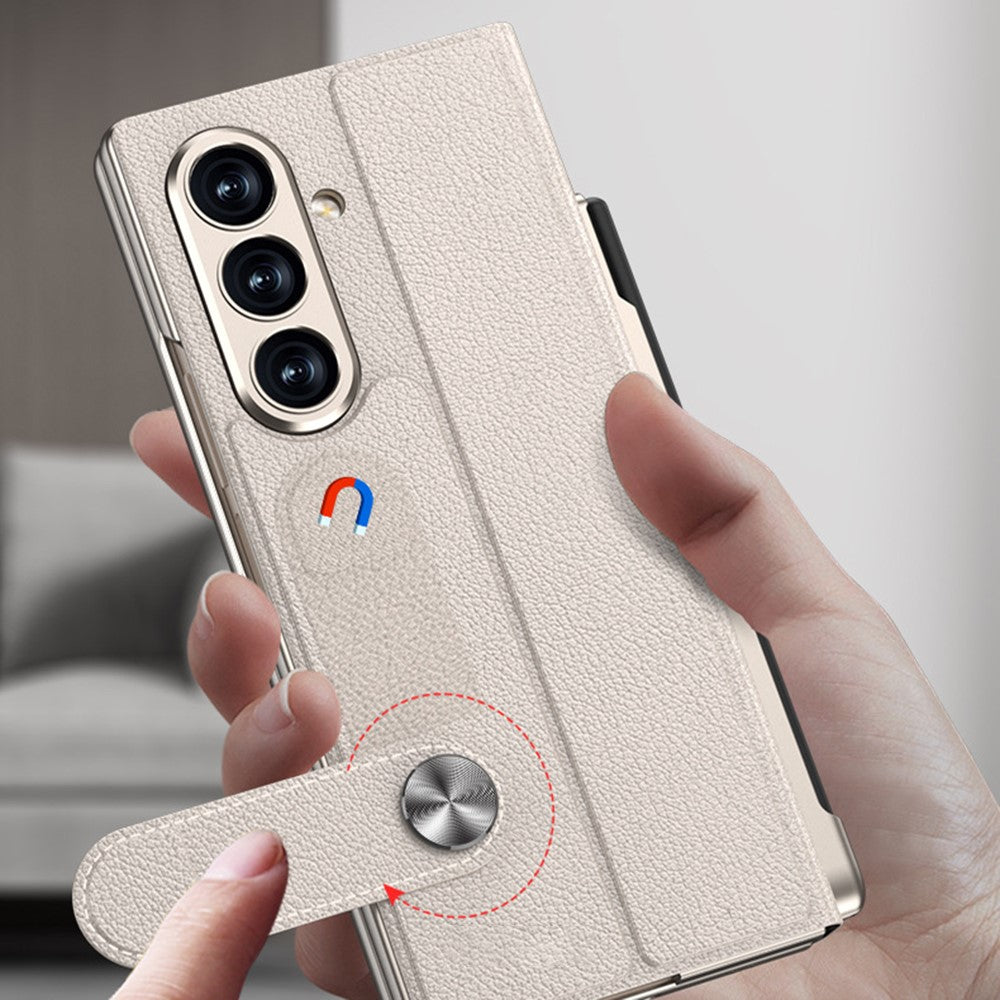 GKK For Samsung Galaxy Z Fold7 5G Case with Pencil Slot Hard PC + PU + Tempered Glass Phone Cover - White+Stripes