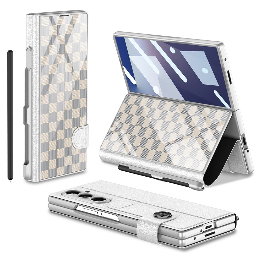 GKK For Samsung Galaxy Z Fold7 5G Case with Pencil Slot Hard PC + PU + Tempered Glass Phone Cover - Grids