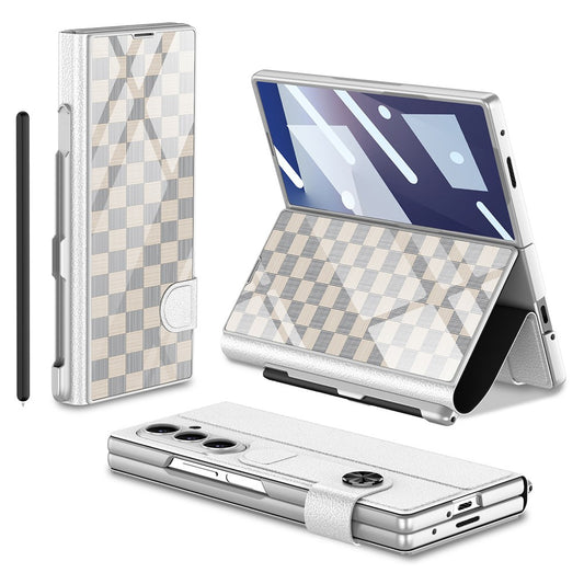 GKK For Samsung Galaxy Z Fold7 5G Case with Pencil Slot Hard PC + PU + Tempered Glass Phone Cover - Grids