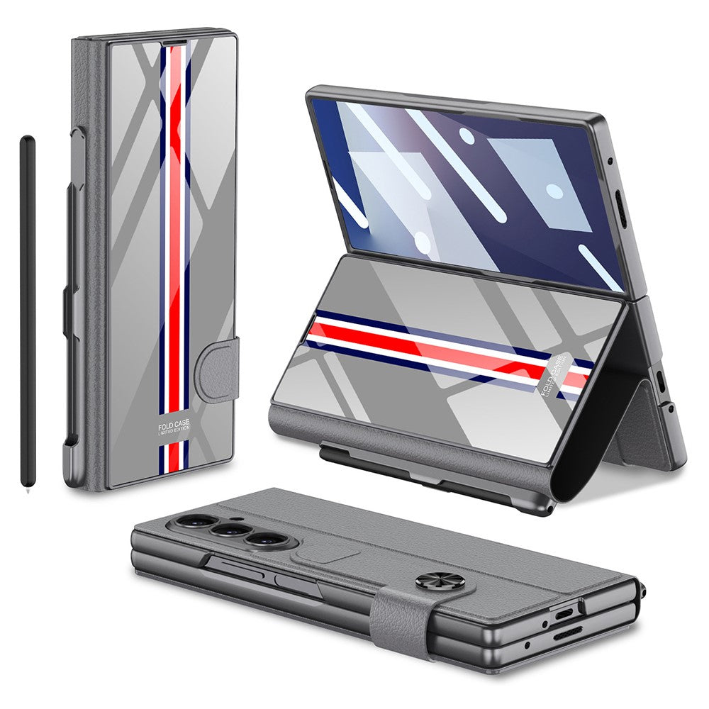 GKK For Samsung Galaxy Z Fold7 5G Case with Pencil Slot Hard PC + PU + Tempered Glass Phone Cover - Grey+Stripes