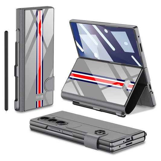 GKK For Samsung Galaxy Z Fold7 5G Case with Pencil Slot Hard PC + PU + Tempered Glass Phone Cover - Grey+Stripes