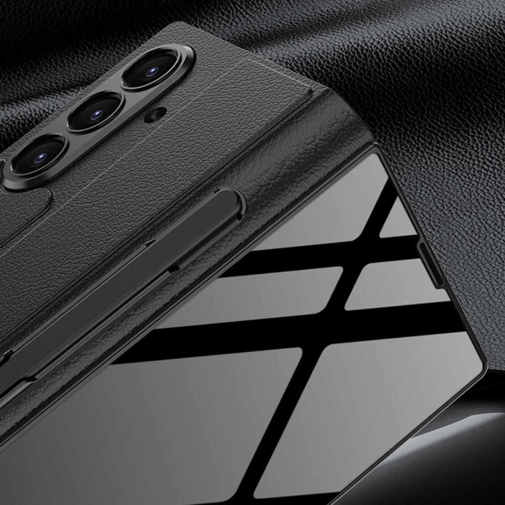 GKK For Samsung Galaxy Z Fold7 5G Case with Pencil Slot Hard PC + PU + Tempered Glass Phone Cover - Grey+Stripes