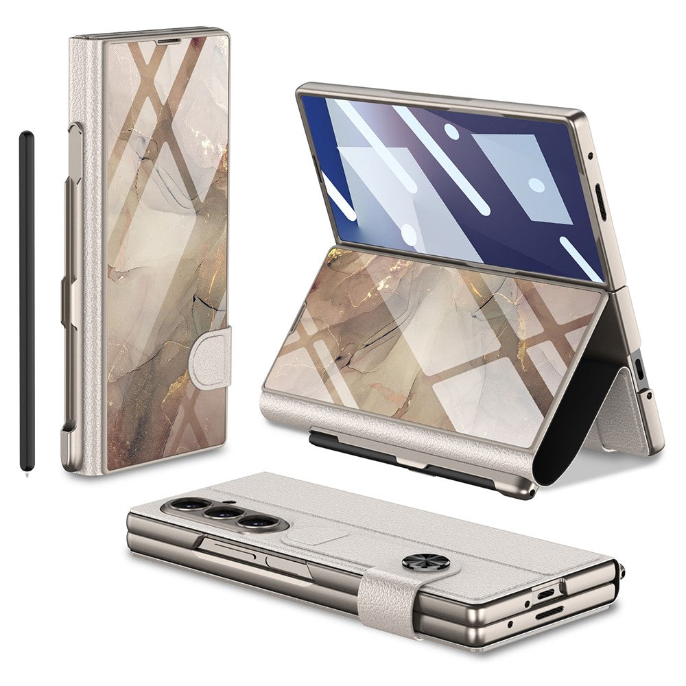 GKK For Samsung Galaxy Z Fold7 5G Case with Pencil Slot Hard PC + PU + Tempered Glass Phone Cover - Champagne