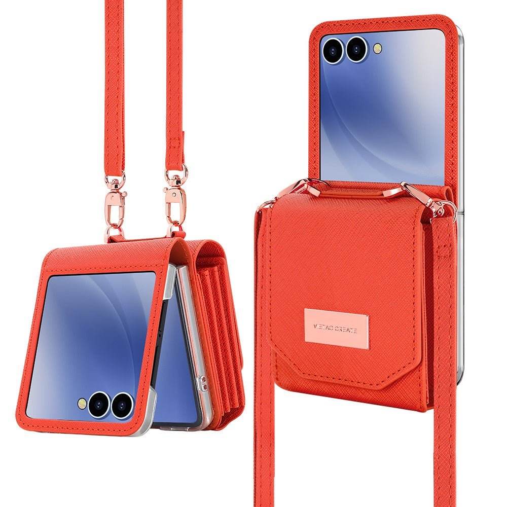 For Samsung Galaxy Z Flip7 5G Case Card Bag Kickstand PU Leather PC Phone Cover with Strap - Orange