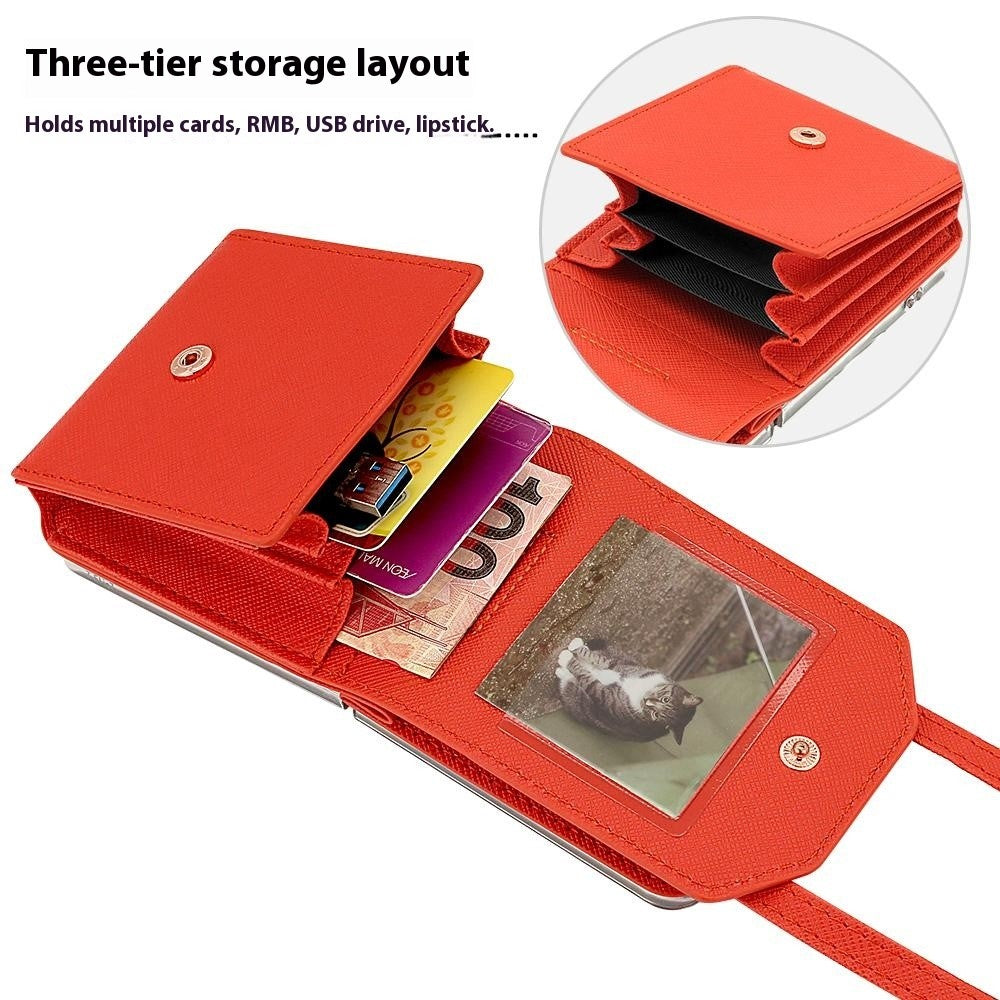 For Samsung Galaxy Z Flip7 5G Case Card Bag Kickstand PU Leather PC Phone Cover with Strap - Orange