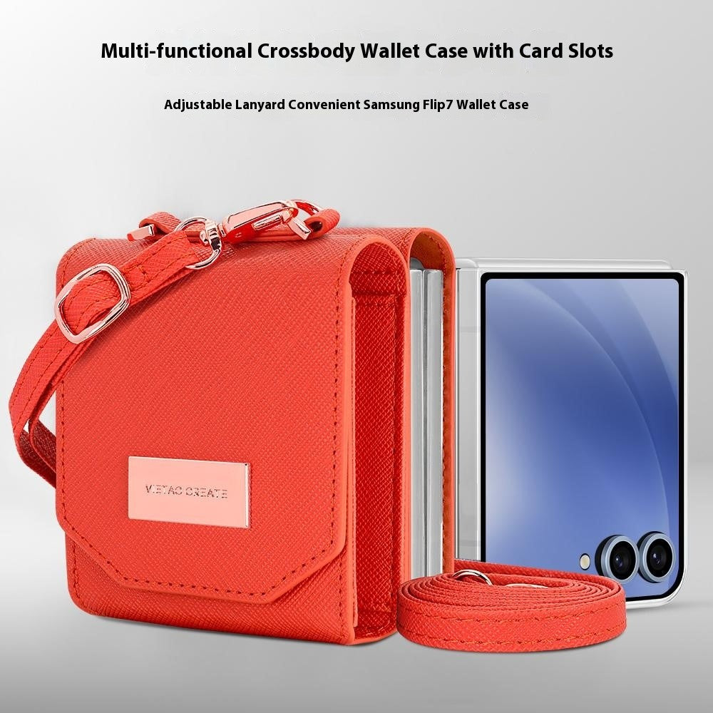 For Samsung Galaxy Z Flip7 5G Case Card Bag Kickstand PU Leather PC Phone Cover with Strap - Orange