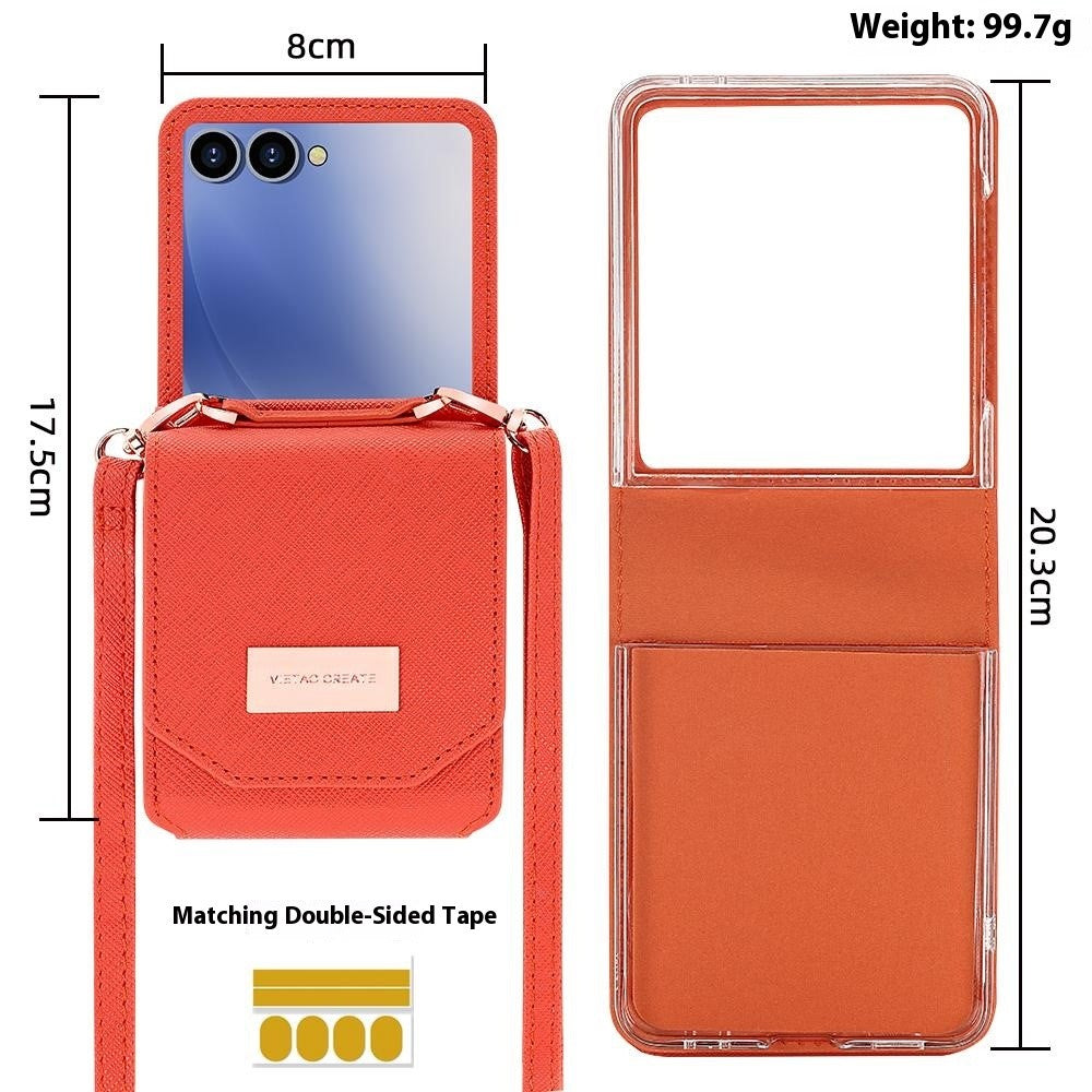 For Samsung Galaxy Z Flip7 5G Case Card Bag Kickstand PU Leather PC Phone Cover with Strap - Orange
