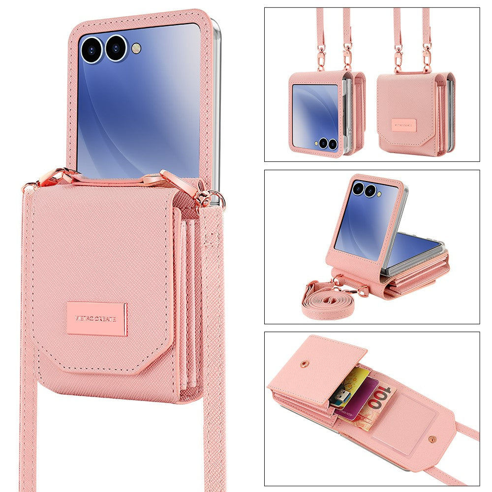 For Samsung Galaxy Z Flip7 5G Case Card Bag Kickstand PU Leather PC Phone Cover with Strap - Pink