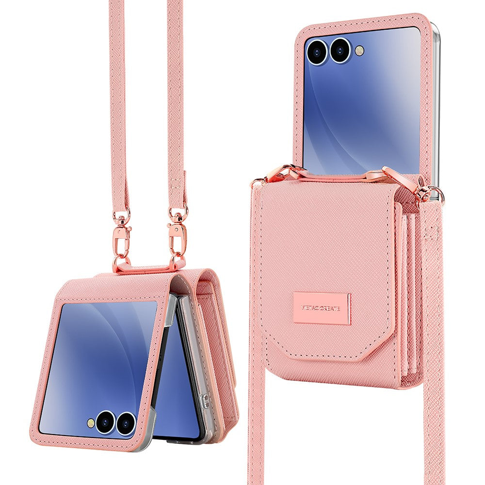 For Samsung Galaxy Z Flip7 5G Case Card Bag Kickstand PU Leather PC Phone Cover with Strap - Pink