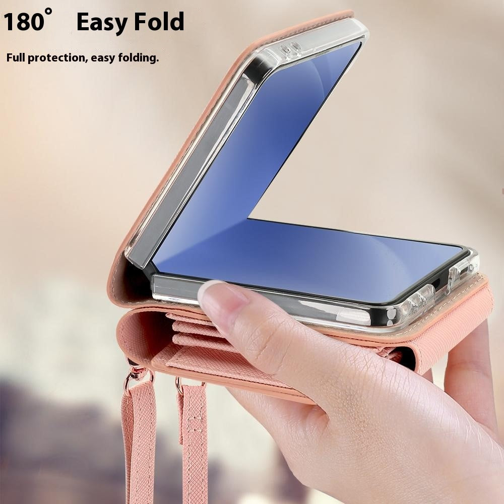 For Samsung Galaxy Z Flip7 5G Case Card Bag Kickstand PU Leather PC Phone Cover with Strap - Pink
