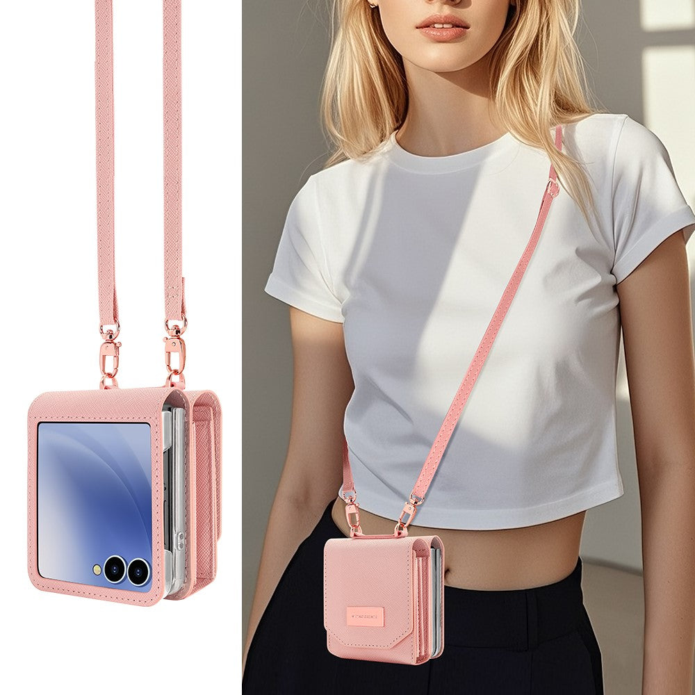 For Samsung Galaxy Z Flip7 5G Case Card Bag Kickstand PU Leather PC Phone Cover with Strap - Pink