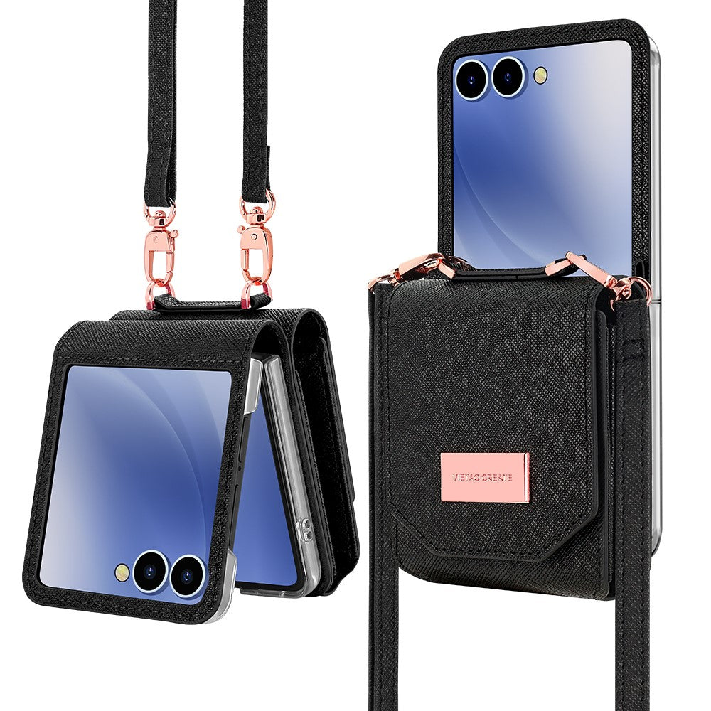 For Samsung Galaxy Z Flip7 5G Case Card Bag Kickstand PU Leather PC Phone Cover with Strap - Black