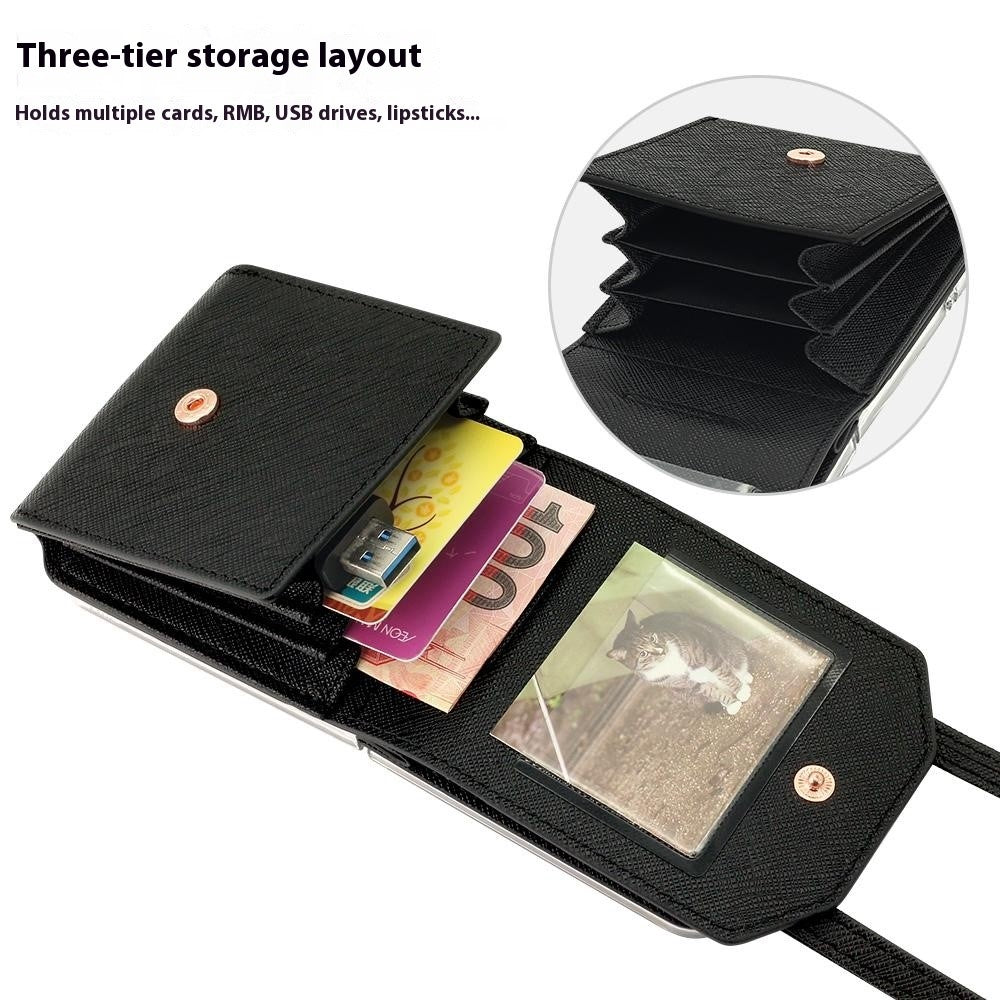 For Samsung Galaxy Z Flip7 5G Case Card Bag Kickstand PU Leather PC Phone Cover with Strap - Black