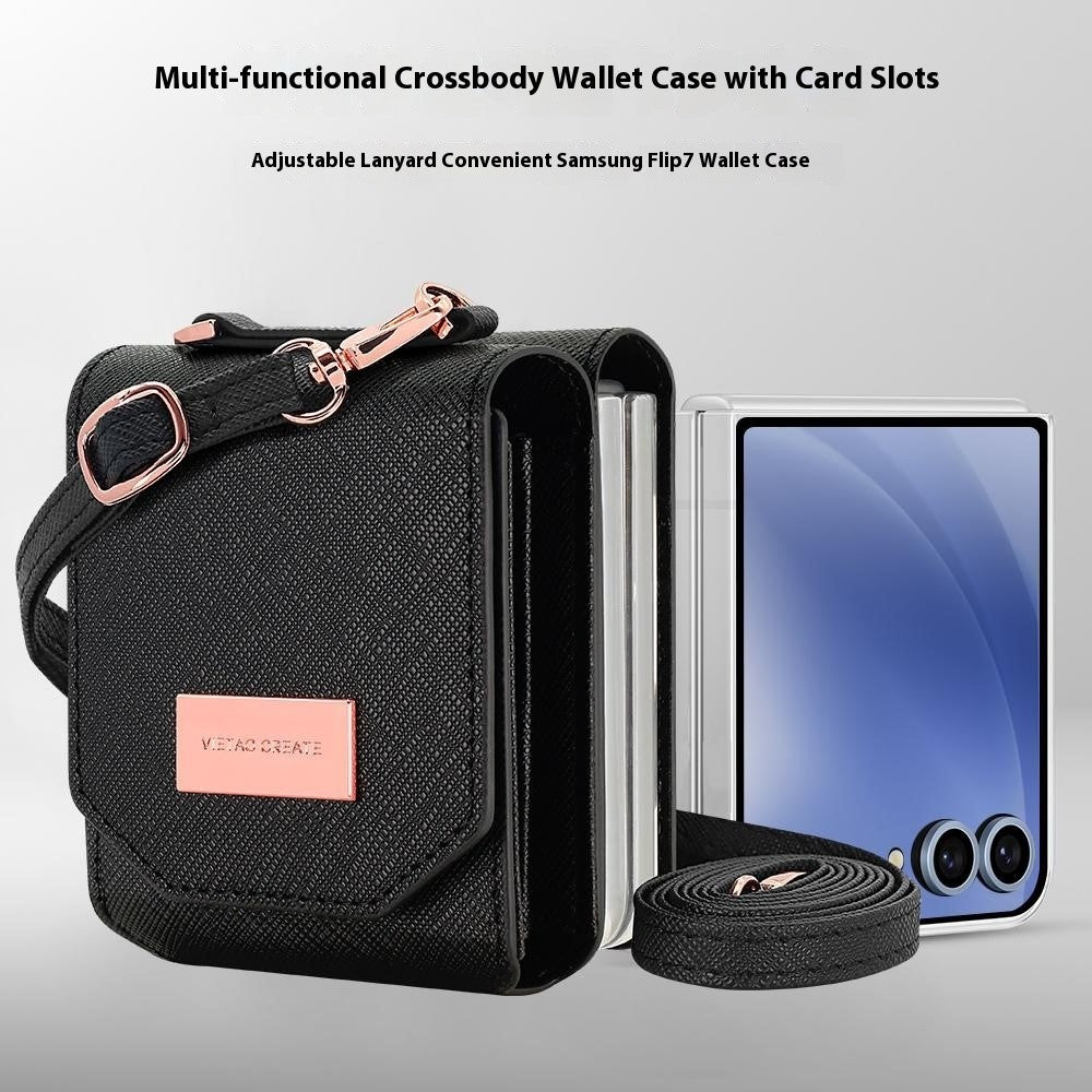 For Samsung Galaxy Z Flip7 5G Case Card Bag Kickstand PU Leather PC Phone Cover with Strap - Black