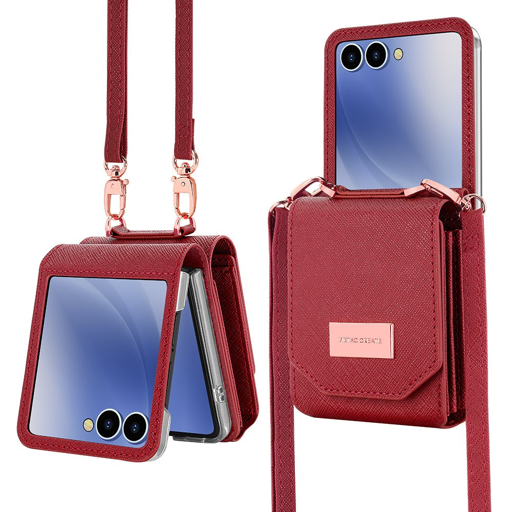 For Samsung Galaxy Z Flip7 5G Case Card Bag Kickstand PU Leather PC Phone Cover with Strap - Red
