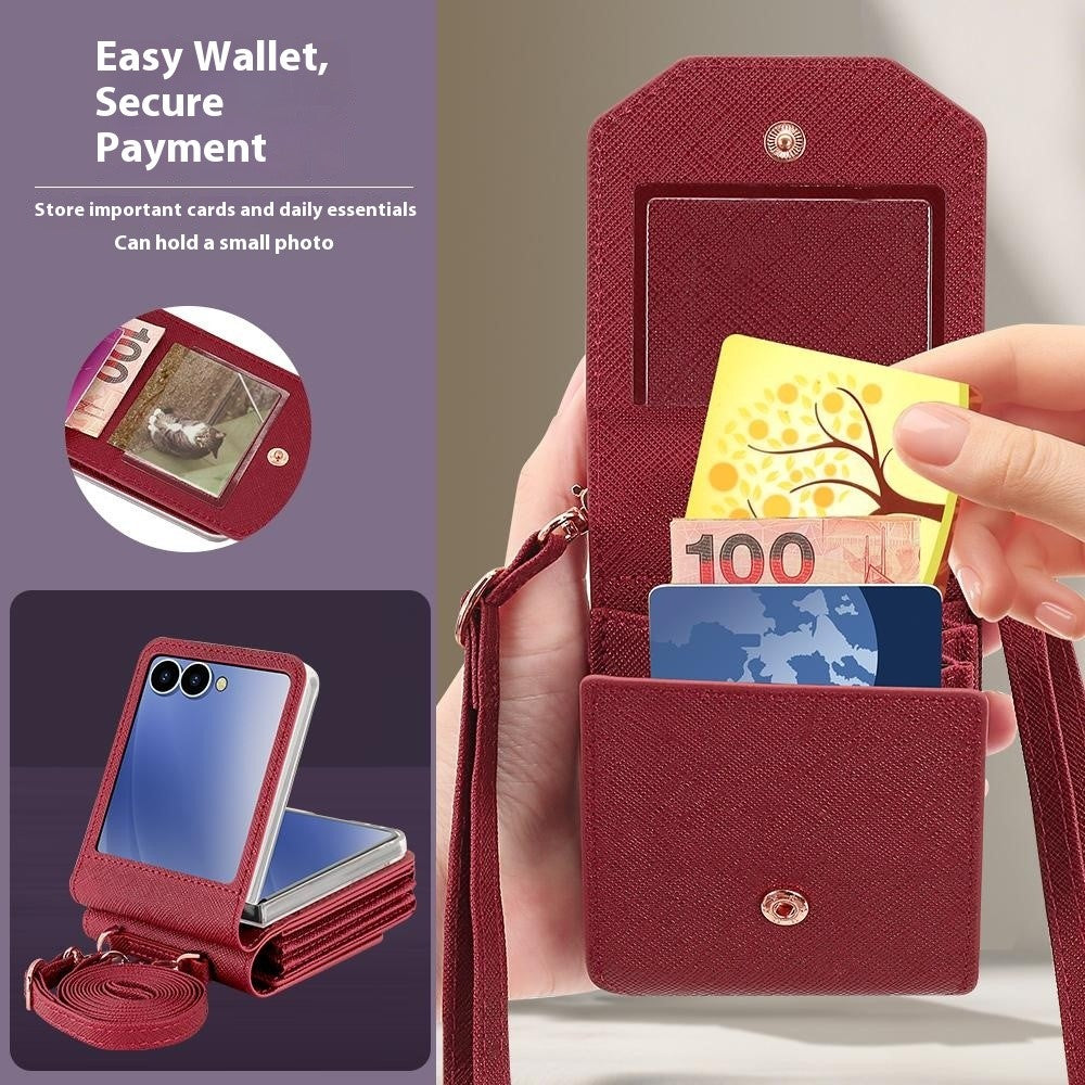 For Samsung Galaxy Z Flip7 5G Case Card Bag Kickstand PU Leather PC Phone Cover with Strap - Red
