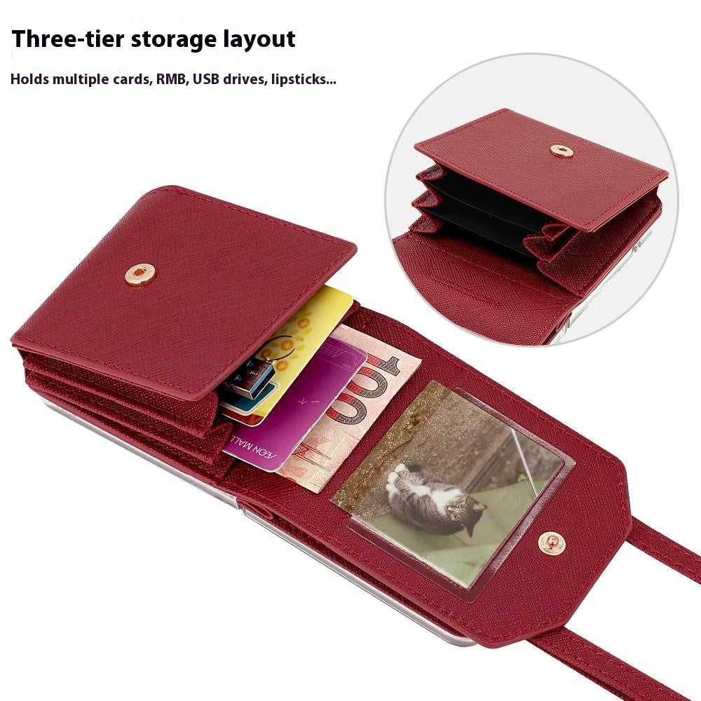 For Samsung Galaxy Z Flip7 5G Case Card Bag Kickstand PU Leather PC Phone Cover with Strap - Red
