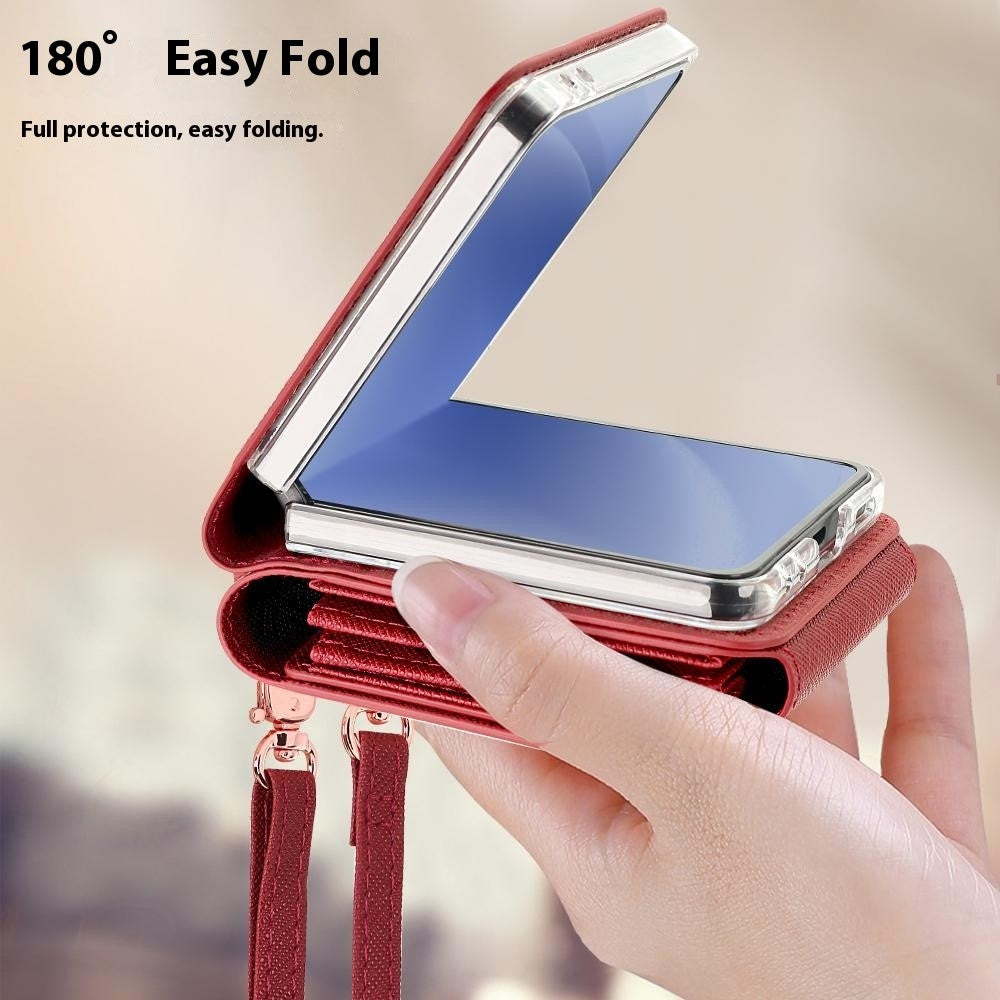For Samsung Galaxy Z Flip7 5G Case Card Bag Kickstand PU Leather PC Phone Cover with Strap - Red
